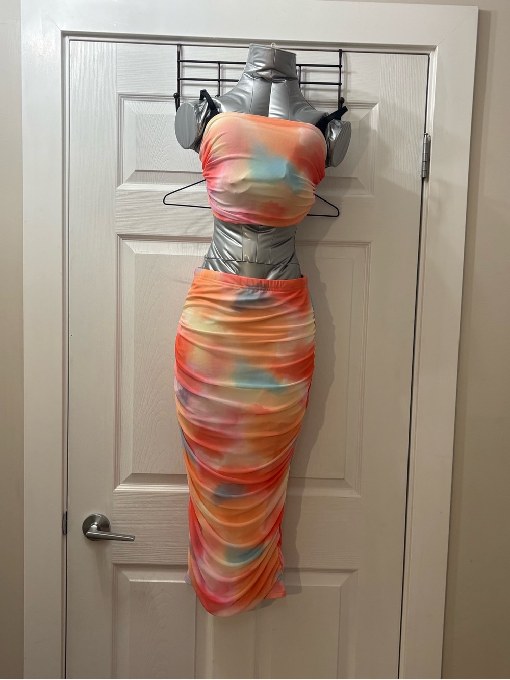 SHEIN Orange Pink Blue Tie-Dye Ruched A-Line Skirt and tube top 2 piece set